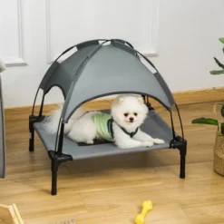 PawHut Elevated Portable Dog Cot Cooling Pet Bed With UV Protection Canopy Shade