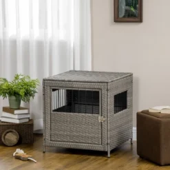 PawHut Rattan Dog Crate Dog Kennel Furniture With Lockable Door And Soft Washable Cushion For Small Sized Dogs, Gray