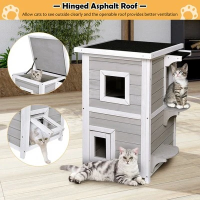 Costway 2-Tier Wooden Cat House Outdoor Kitty Shelter W/ Escape Door Rainproof 7 Costway 2-Tier Wooden Cat House Outdoor Kitty Shelter W/ Escape Door Rainproof - Image 7