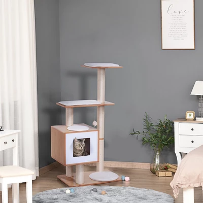 PawHut 47” Modern Cat Tree Multi-Level Scratching Post With Cube Cave Enclosure - Oak Wood 1 PawHut 47” Modern Cat Tree Multi-Level Scratching Post With Cube Cave Enclosure - Oak Wood