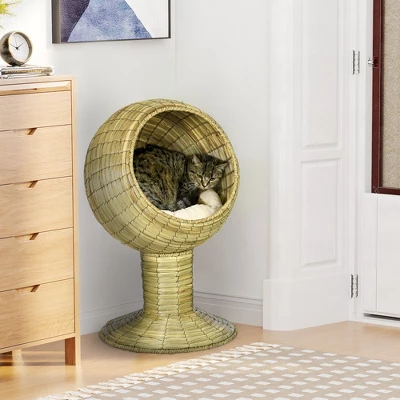 PawHut Elevated Cat Bed With Rotatable Egg Chair Pod, Cat Basket Bed With Thick Cushion, Natural Mat Grass Woven Kitty House 1 PawHut Elevated Cat Bed With Rotatable Egg Chair Pod, Cat Basket Bed With Thick Cushion, Natural Mat Grass Woven Kitty House