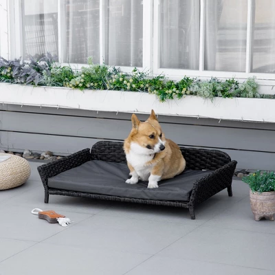 PawHut Rattan Dog Sofa, Wicker Pet Bed, Raised Cat Couch, With Steel Frame, Washable Cushion, Indoor & Outdoor Use, For Large And Medium Dog, Gray 2 PawHut Rattan Dog Sofa, Wicker Pet Bed, Raised Cat Couch, With Steel Frame, Washable Cushion, Indoor & Outdoor Use, For Large And Medium Dog, Gray - Image 2