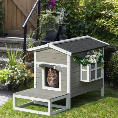 PawHut Wooden Wooden Cat House Feral Cat Shelter Kitten Condo With Escape Door, Porch And Flower Stand - Dark Gray/White 2 PawHut Wooden Wooden Cat House Feral Cat Shelter Kitten Condo With Escape Door, Porch And Flower Stand - Dark Gray/White - Image 2