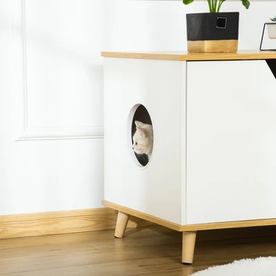 PawHut Wooden Cat Litter Box Enclosure, Hidden Cat Washroom, Kitty End Table, Furniture Style With Double Doors & Adjustable Storage Shelf, Oak 4 PawHut Wooden Cat Litter Box Enclosure, Hidden Cat Washroom, Kitty End Table, Furniture Style With Double Doors & Adjustable Storage Shelf, Oak - Image 4