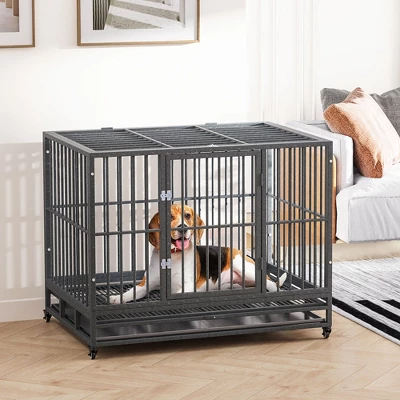 PawHut Heavy Duty Dog Crate Dog Cage Kennel With Lockable Wheels, Double Door And Removable Tray, Grey 2 PawHut Heavy Duty Dog Crate Dog Cage Kennel With Lockable Wheels, Double Door And Removable Tray, Grey - Image 2