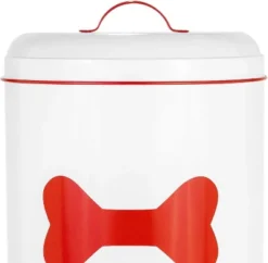 Amici Pet Bone White/Red Buster Food Storage Bin - Large, Durable, 17lb Capacity For Dry Dog Food And Treats