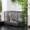 PawHut Heavy Duty Dog Crate Dog Cage Kennel With Lockable Wheels, Double Door And Removable Tray, Grey