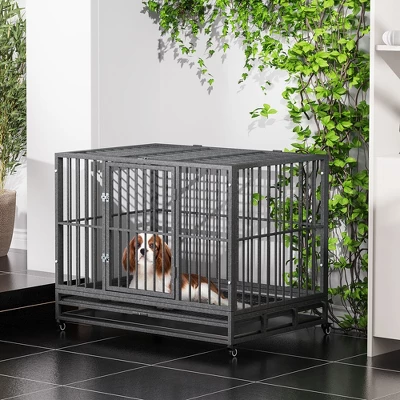 PawHut Heavy Duty Dog Crate Dog Cage Kennel With Lockable Wheels, Double Door And Removable Tray, Grey 1 PawHut Heavy Duty Dog Crate Dog Cage Kennel With Lockable Wheels, Double Door And Removable Tray, Grey