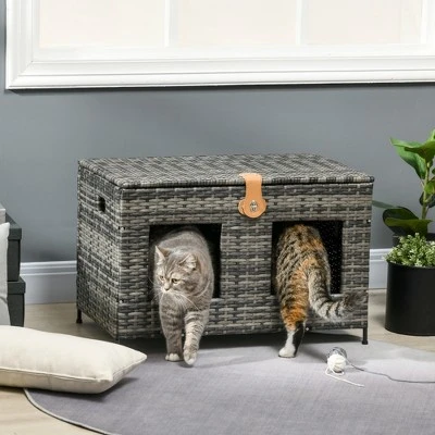 PawHut Rattan Cat Bed With Removable Divider, Double-Room Wicker Cat Beds For Indoor Cats, Pet Furniture For 2 Cats, Cushions, Outdoor Indoor, Gray 2 PawHut Rattan Cat Bed With Removable Divider, Double-Room Wicker Cat Beds For Indoor Cats, Pet Furniture For 2 Cats, Cushions, Outdoor Indoor, Gray - Image 2