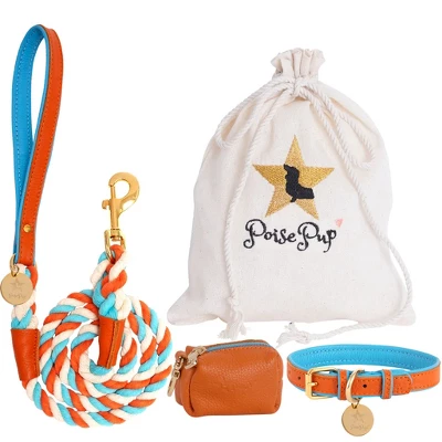 PoisePup - Luxury Pet Dog Leash - Soft Premium Italian Leather And 100% Natural Cotton Rope Leash - Vibrant Sunset 1 PoisePup - Luxury Pet Dog Leash - Soft Premium Italian Leather And 100% Natural Cotton Rope Leash - Vibrant Sunset