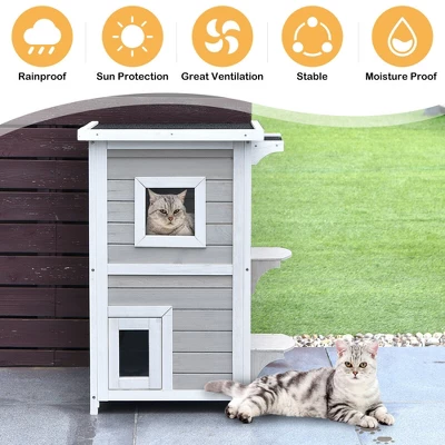 Costway 2-Tier Wooden Cat House Outdoor Kitty Shelter W/ Escape Door Rainproof 3 Costway 2-Tier Wooden Cat House Outdoor Kitty Shelter W/ Escape Door Rainproof - Image 3
