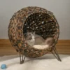 PawHut 20.5" Rattan Cat Bed, Elevated Wicker Kitten House Round Condo With Cushion
