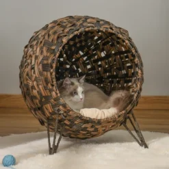 PawHut 20.5" Rattan Cat Bed, Elevated Wicker Kitten House Round Condo With Cushion