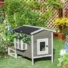 PawHut Wooden Wooden Cat House Feral Cat Shelter Kitten Condo With Escape Door, Porch And Flower Stand - Dark Gray/White