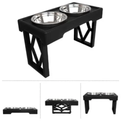 Elevated Dog Bowls Stand - Adjusts To 3 Heights For Small, Medium, And Large Pets - Stainless-Steel Dog Bowls Hold 34oz Each By PETMAKER (Black)