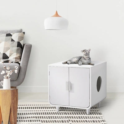 Teamson Pets Dyad Mid Century Wooden Cat Litter Box Cabinet And Side Table, Alpine White 2 Teamson Pets Dyad Mid Century Wooden Cat Litter Box Cabinet And Side Table, Alpine White - Image 2