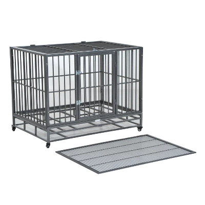 PawHut Heavy Duty Dog Crate Dog Cage Kennel With Lockable Wheels, Double Door And Removable Tray, Grey 7 PawHut Heavy Duty Dog Crate Dog Cage Kennel With Lockable Wheels, Double Door And Removable Tray, Grey - Image 7