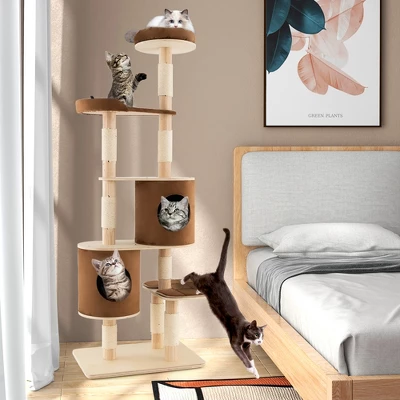 Costway 75'' Multi-layer Wooden Cat Tree Indoor Tower Activity Play Center With 2 Condos 2 Costway 75'' Multi-layer Wooden Cat Tree Indoor Tower Activity Play Center With 2 Condos - Image 2