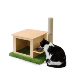 On2Pets Cat House With Scratching Post & Feeder Station - Beige -PawHut Sales Store GUEST b6e0a4d1 a6c1 43f9 b26d 4cdf1091f7be