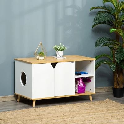 PawHut Wooden Cat Litter Box Enclosure, Hidden Cat Washroom, Kitty End Table, Furniture Style With Double Doors & Adjustable Storage Shelf, Oak 1 PawHut Wooden Cat Litter Box Enclosure, Hidden Cat Washroom, Kitty End Table, Furniture Style With Double Doors & Adjustable Storage Shelf, Oak