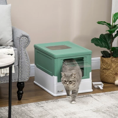 PawHut Hooded Cat Litter Box With Scoop, Enclosed Cat Litter Tray With Front Entry, Top Exit, Portable Pet Toilet With Large Space, Green 2 PawHut Hooded Cat Litter Box With Scoop, Enclosed Cat Litter Tray With Front Entry, Top Exit, Portable Pet Toilet With Large Space, Green - Image 2