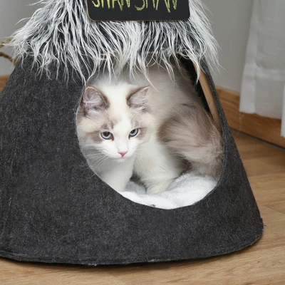 PawHut Pet Teepee Tent Cat Bed Dog House With Thick Cushion Chalkboard For Kitten And Puppy Up To 13lbs 28inch Gray 4 PawHut Pet Teepee Tent Cat Bed Dog House With Thick Cushion Chalkboard For Kitten And Puppy Up To 13lbs 28inch Gray - Image 4
