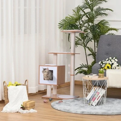 PawHut 47” Modern Cat Tree Multi-Level Scratching Post With Cube Cave Enclosure - Oak Wood 2 PawHut 47” Modern Cat Tree Multi-Level Scratching Post With Cube Cave Enclosure - Oak Wood - Image 2