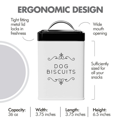 Amici Pet Sparky Dog Biscuits Metal Storage Canister, 36 Oz. , White & Black 1 Amici Pet Sparky Dog Biscuits Metal Storage Canister, 36 Oz. , White & Black
