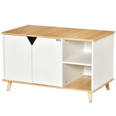 PawHut Wooden Cat Litter Box Enclosure, Hidden Cat Washroom, Kitty End Table, Furniture Style With Double Doors & Adjustable Storage Shelf, Oak 3 PawHut Wooden Cat Litter Box Enclosure, Hidden Cat Washroom, Kitty End Table, Furniture Style With Double Doors & Adjustable Storage Shelf, Oak - Image 3