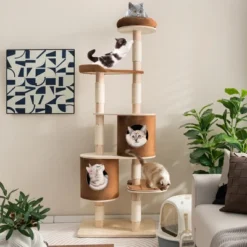 Costway 75'' Multi-layer Wooden Cat Tree Indoor Tower Activity Play Center With 2 Condos
