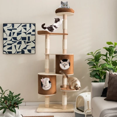 Costway 75'' Multi-layer Wooden Cat Tree Indoor Tower Activity Play Center With 2 Condos 1 Costway 75'' Multi-layer Wooden Cat Tree Indoor Tower Activity Play Center With 2 Condos
