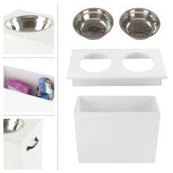 Elevated Dog Bowls With Storage - 16-Inch-Tall Feeding Tray With Hidden Storage Space For Pet Supplies - 50oz Capacity Bowls By PETMAKER (White)