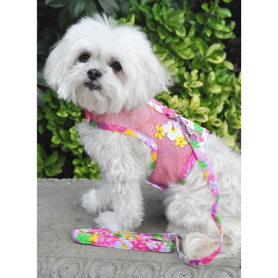 Doggie Design Cool Mesh Hawaiian Floral Dog Harness With Leash - Pink 4 Doggie Design Cool Mesh Hawaiian Floral Dog Harness With Leash - Pink - Image 4