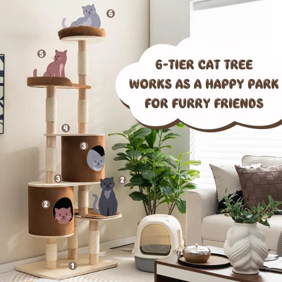 Costway 75'' Multi-layer Wooden Cat Tree Indoor Tower Activity Play Center With 2 Condos 3 Costway 75'' Multi-layer Wooden Cat Tree Indoor Tower Activity Play Center With 2 Condos - Image 3