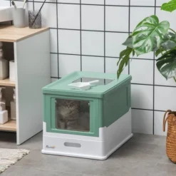 PawHut Hooded Cat Litter Box With Scoop, Enclosed Cat Litter Tray With Front Entry, Top Exit, Portable Pet Toilet With Large Space, Green