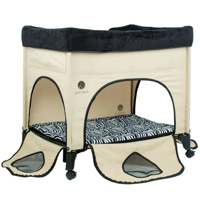 Petique Bedside Lounge 2 Level Foldable Wheeled Pet Bunk Bed & Cot W/ 2 Memory Foam Mattresses, Machine Washable Covers, & Travel Bag, Zebra Vibes 2 Petique Bedside Lounge 2 Level Foldable Wheeled Pet Bunk Bed & Cot W/ 2 Memory Foam Mattresses, Machine Washable Covers, & Travel Bag, Zebra Vibes - Image 2