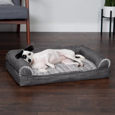 FurHaven Luxe Fur & Performance Linen Memory Foam Sofa Dog Bed 2 FurHaven Luxe Fur & Performance Linen Memory Foam Sofa Dog Bed - Image 2