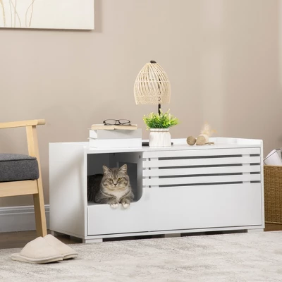 PawHut Cat Litter Box Enclosure With Spacious Interior, Cat Washroom Storage End Table With Hidden Storage Cabinet Space, Elevated Bottom 1 PawHut Cat Litter Box Enclosure With Spacious Interior, Cat Washroom Storage End Table With Hidden Storage Cabinet Space, Elevated Bottom