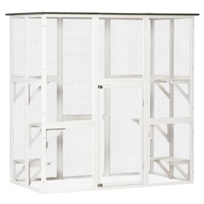 PawHut Large Wooden Outdoor Cat House Catio Enclosure, Kitten Cage With Weather Protection, Cat Patio With 6 Platforms - 71"L 8 PawHut Large Wooden Outdoor Cat House Catio Enclosure, Kitten Cage With Weather Protection, Cat Patio With 6 Platforms - 71"L - Image 8