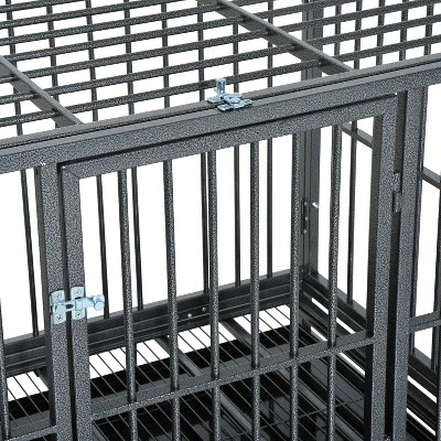 PawHut Heavy Duty Dog Crate Dog Cage Kennel With Lockable Wheels, Double Door And Removable Tray, Grey 5 PawHut Heavy Duty Dog Crate Dog Cage Kennel With Lockable Wheels, Double Door And Removable Tray, Grey - Image 5