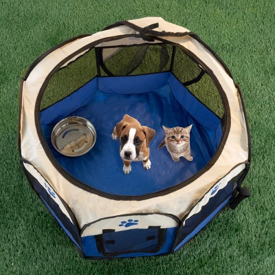 Pet Adobe Pop-Up Pet Playpen With Carrying Case – Portable Indoor/Outdoor Pet Enclosure - Blue 3 Pet Adobe Pop-Up Pet Playpen With Carrying Case – Portable Indoor/Outdoor Pet Enclosure - Blue - Image 3