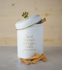 Amici Pet Stella Metal Treats Storage Canister, Cylindrical Shape With Gold Paw Shaped Knob, Food Safe, Push Top Lid, 64 Ounce Capacity