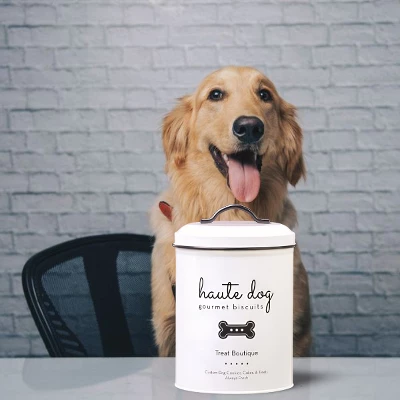 Amici Pet Haute Dog Gourmet Biscuits Metal Storage Canister, 72 Oz. , White & Black 1 Amici Pet Haute Dog Gourmet Biscuits Metal Storage Canister, 72 Oz. , White & Black