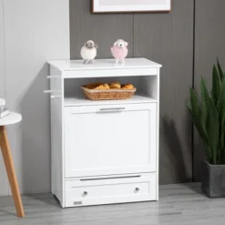 PawHut Pet Feeder Station Storage Cabinet, Dog Food Storage Container With Dog Raised Bowls And Hanger For Feeding & Watering Supplies, White