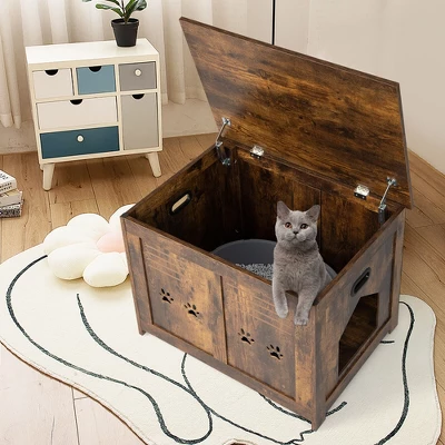 Tangkula Wooden Cat Litter Box Enclosure Flip-Top Hidden Washroom Bench W/ Side Entrance 1 Tangkula Wooden Cat Litter Box Enclosure Flip-Top Hidden Washroom Bench W/ Side Entrance